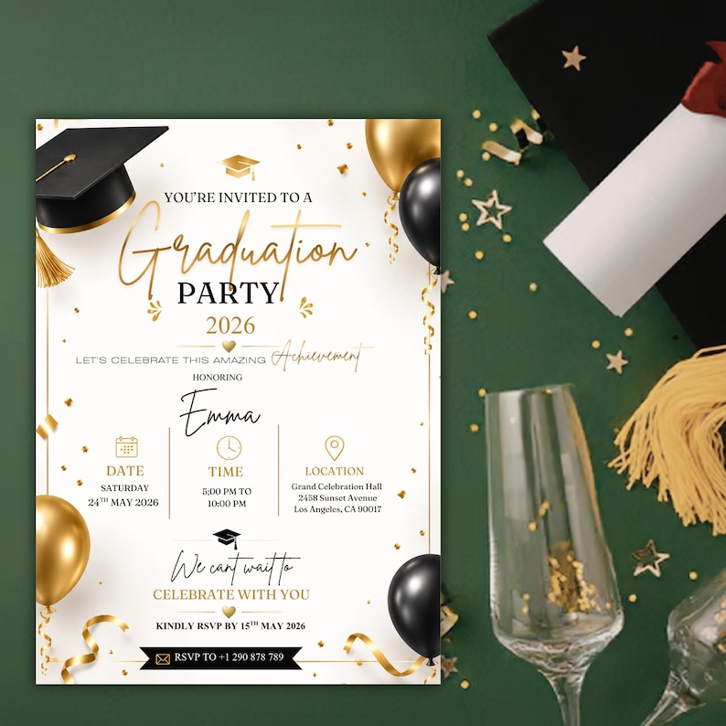May include: Graduation party invitation with gold and black balloons, confetti, and a graduation cap illustration. The invitation includes the text "Graduation Party 2026" and details for the event, including the date, time, and location.