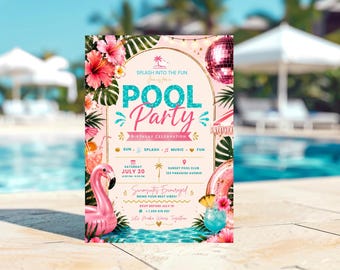 Invitación de cumpleaños para fiesta en la piscina, fiesta de verano en la piscina, cumpleaños en la piscina, cumpleaños para adolescentes, invitación para fiesta en la piscina, editable en Canva.