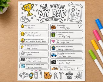 Cuestionario imprimible para padres, cuestionario para niños, tarjeta del Día del Padre para completar, descarga instantánea.