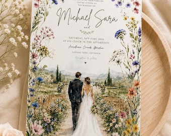 Plantilla editable de invitación de boda en Canva, elegante invitación de boda estilo boho, elegante invitación de boda floral.