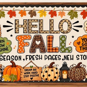以下が含まれることがあります： HELLO FALLの文字、秋の模様、カボチャ、本、ランタン、そしてBE KIND, BE YOU, BE AMAZING, LEARN GROW SHINE, YOU GOT THIS, DREAM BIG WORK HARD STAY POSITIVEといった感動的なフレーズが描かれた長方形の壁掛け看板。