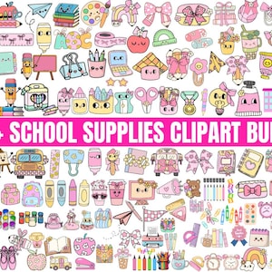 May include: A collection of over 200 school supplies clipart icons featuring pastel pink, blue, and yellow color palettes with cute faces. The image includes items like notebooks, pencils, scissors, and backpacks, with the text 200+ SCHOOL SUPPLIES CLIPART BUNDLE.