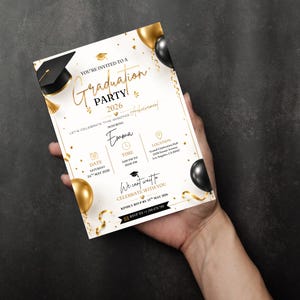 May include: A graduation party invitation with gold and black accents. The invitation reads "Graduation Party 2026" and includes details for the event, such as the date, time, location, and RSVP information. Gold balloons and confetti decorate the invitation.