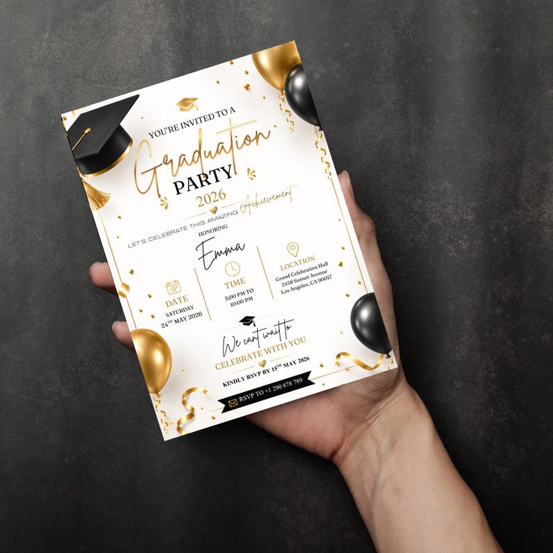 May include: A graduation party invitation with gold and black accents. The invitation reads "Graduation Party 2026" and includes details for the event, such as the date, time, location, and RSVP information. Gold balloons and confetti decorate the invitation.