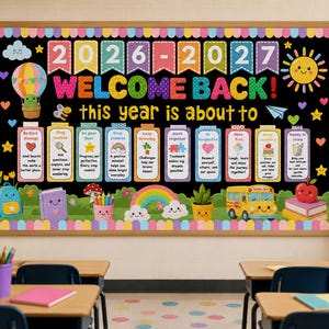 Puede incluir: Un tablón de anuncios para el aula con el texto 2026-2027 WELCOME BACK! this year is about to, rodeado de coloridas ilustraciones de un globo aerostático, sol, arcoíris, autobús escolar y diez tarjetas rectangulares con mensajes positivos.