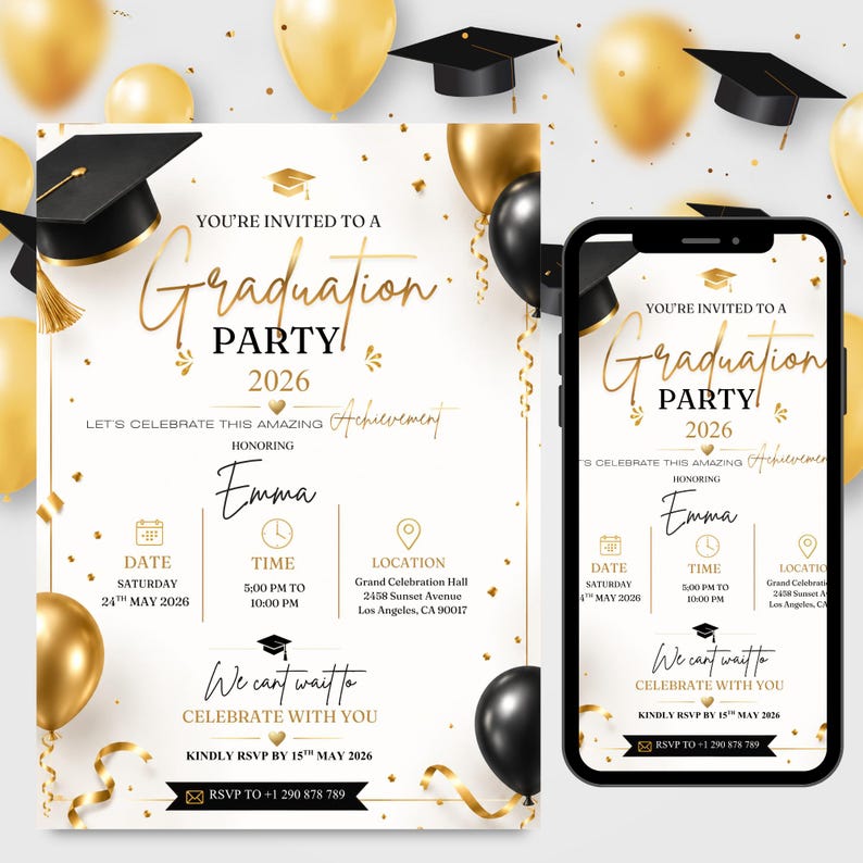 May include: A graduation party invitation with gold and black accents. The invitation includes the text "Graduation Party 2026" and details for the event, including the date, time, and location. A smartphone displays the same invitation.