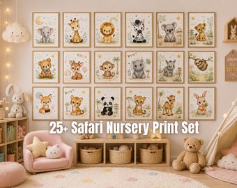 Safari Nursery Prints, Kids Room Wall Art, Playful Animal Prints,Jungle Animal Portraits, Elephant Zebra Lion Monkey, Digital Download