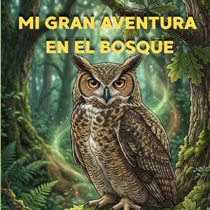 May include: A brown and tan owl with bright orange eyes perched on a mossy tree branch in a forest setting. The text MI GRAN AVENTURA EN EL BOSQUE is displayed in yellow capital letters at the top of the image against a backdrop of green trees.