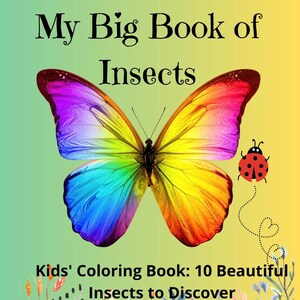 Puede incluir: Un libro para colorear titulado My Big Book of Insects que presenta una gran mariposa de colores del arcoíris en el centro, una pequeña mariquita roja con puntos negros a la derecha e ilustraciones botánicas coloridas en la parte inferior.