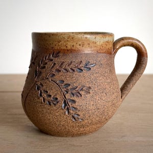 J S Hinton Pottery Mug, Signed Canadian Stoneware, Hand-Carved Botanical Leaf Detail