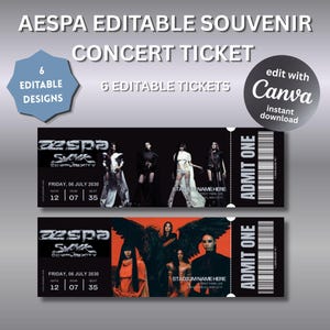 以下が含まれることがあります： 「AESPA EDITABLE SOUVENIR CONCERT TICKET」の文字が入った黒いコンサートチケットのデザイン。チケットにはグループの写真が掲載されています。チケットには「ADMIT ONE」の文字と「FRIDAY, 06 JULY 2030」の日付が含まれています。