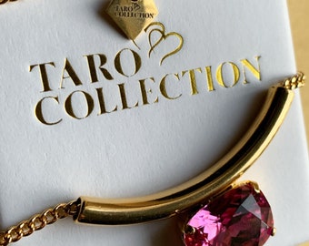Crystal Pink Rectangle Crystal Pendant Necklace,  Gold Genuine Crystal necklace, Crystal pendant Necklace, Gift