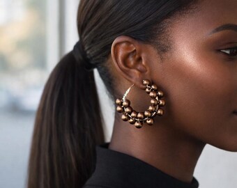 Brown Pearls Beaded Hoops, Hoop Earrings, Gold Hoops, Hoops Pearl Earring, Hoops, Pearl Hoops Earrings, jewellery