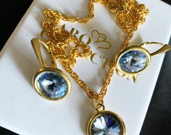 Sky Blue Crystal Pendant Necklace set, Necklace, Light blue Crystal Gold Bridal Necklace, Sky Blue Gem Bridal Necklace