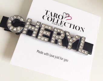 Personalised Hair Clips, customised hair clip, custom name black Hair Clip, custom rhinestone hair clip, hair clips, name hair clip, hair pi