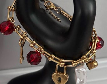 Charm bracelet, Valentine bracelet,  gold chain charm bracelet, pearl charm, red crystal beads charm bracelet, jewelry, jewellery