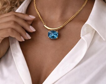 Crystal Turquoise Blue Rectangle Crystal Pendant Necklace,  Gold Genuine Crystal necklace, Crystal pendant Necklace, Gift