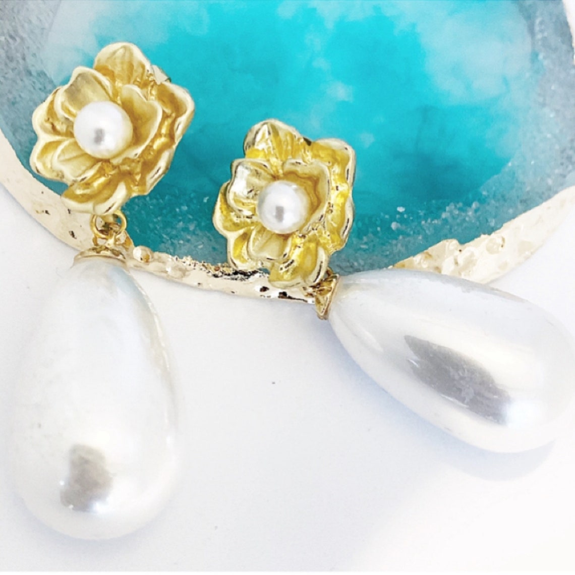 Large Pearl Drop Earrings Pearl Flower Stud Earrings White Etsy