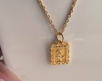 Gold Rose Flower rectangle Pendant necklace, Vintage rose flower charm necklace, gold jewelry, gold plated brass  chain, gift for her