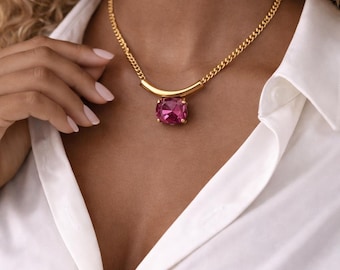 Crystal Pink Rectangle Crystal Pendant Necklace,  Gold Genuine Crystal necklace, Crystal pendant Necklace, Gift
