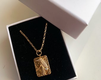 Gold cleopatra rectangular textured charm necklace, Vintage rectangular textured charm, gold plated brass chain, gift for her