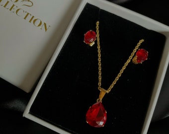 Red Tear Drop Crystal Pendant Necklace, Valentine Gold Stainless steel necklace, Crystal Earring Set, Gift for her Jewelry, Valentines Gift
