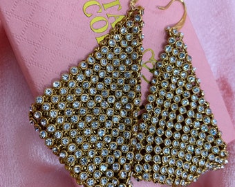 Gold Crystal Mesh Triangle Earrings, mesh earrings, crystal mesh