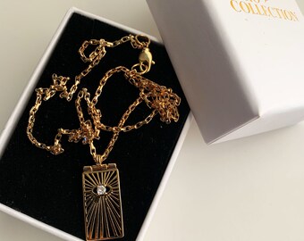 Gold rectangular Crystal pierce charm necklace, Vintage rectangular pierced charm, minimalist jewelry, gold plated brass chain, gift