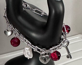 Charm bracelet, Valentine bracelet for women, friends gift, chain charm bracelet, pearl charm, red crystal beads charm bracelet, jewellery