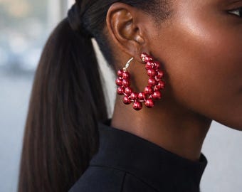 Red Pearls Beaded Hoops, Hoop Earrings, Gold Hoops, Hoops Pearl Earring, Hoops, Pearl Hoops Earrings, jewellery