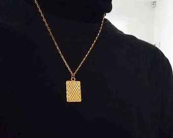 Gold rectangular textured charm necklace, Vintage rectangular textured charm, minimalist jewelry, gold plated brass chain, gift for her