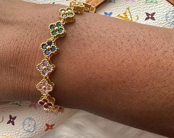 18K Gold Plated Four Leaf Clover Tennis Bracelet | Sparkling Crystal Lucky Charm Jewellery | Dainty Gold Bracelet Gift for Her
