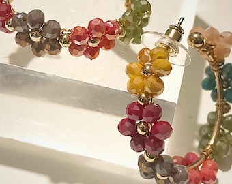 Daisy Beaded Crystal Hoop Earrings, Daisy Hoops, Hoop Earrings, Faceted Crystal Beaded Hoops, Gold Hoops Beaded Earrings, Hoops,  jewellery