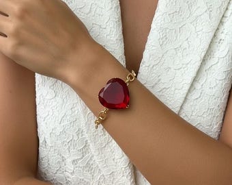 Reddish pink, Crystal Heart Gold Chunky Chain bracelet, Pinkish Red Heart bracelet, Gold Chain bracelet, Heart Charm Chunky chain Jewelry