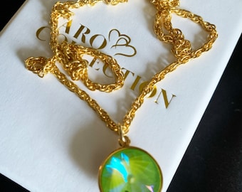 Neon Green Crystal Pendant Necklace, Necklace, Neon green Crystal Gold Bridal Necklace, Light Green Gem Bridal Necklace