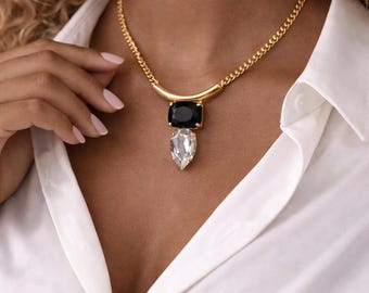 Crystal Clear Teardrop & Black Rectangle Crystal Pendant Necklace,  Gold Genuine Crystal necklace, Crystal pendant Necklace, Gift