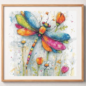 Colorful Dragonfly Cross Stitch Pattern PDF, Watercolor Insect Embroidery Chart, Floral Meadow Needlepoint Design Download
