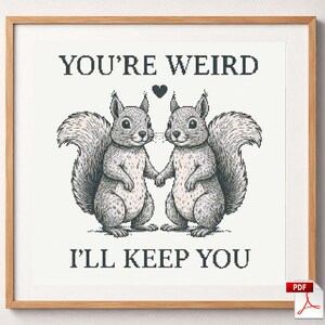 May include: A cross-stitch pattern in a light wood frame featuring two gray squirrels holding hands with a small black heart between them. The text above reads YOU'RE WEIRD and the text below reads I'LL KEEP YOU in black capital letters.