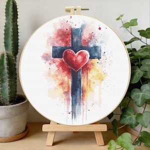 Patrón de punto de cruz con corazón en acuarela, patrón de cruz cristiana en PDF, diseño de bordado religioso, punto de cruz contado de fe