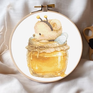 Korsstygnsmönster med bihonungsburk, kawaii Bumblebee Cottagecore Needlepoint (PDF-mönster)
