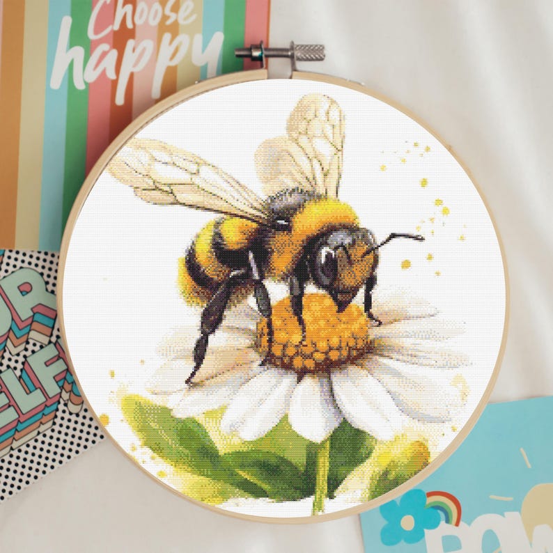 Bumble Bee Daisy Cross Stitch Pattern PDF, Nature Embroidery Design ...
