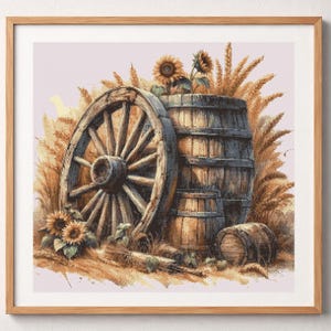Puede incluir: Un bordado en punto de cruz dentro de un marco de madera que representa una escena rústica con una gran rueda de carro de madera, tres barriles de madera de distintos tamaños, espigas de trigo doradas y varios girasoles amarillos.