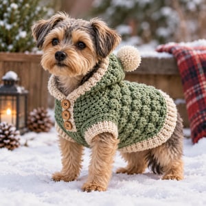 May include: A small dog wearing a sage green crocheted jumper with a hood, a cream-coloured pom-pom, and cream-coloured ribbed trim. The jumper features three brown wooden buttons down the front chest area and a textured bobble stitch pattern.