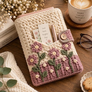 May include: A cream-colored crocheted book cover featuring a front pocket with three dimensional mauve flowers, green stems, and small white dots. The cover has a button closure and contains a bookmark with the text Good Books Brighter Days.
