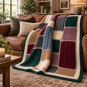 May include: A handmade patchwork throw blanket featuring a variety of square and rectangular panels in deep shades of forest green, burgundy, charcoal gray, tan, and cream. The design incorporates alternating smooth crochet and raised cable knit textures.