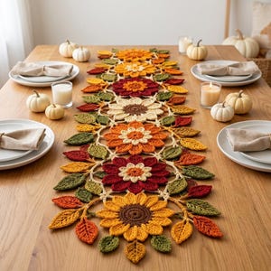 Puede incluir: Un camino de mesa de ganchillo con un patrón repetitivo de girasoles y hojas de otoño en tonos amarillo, naranja, rojo y verde. El camino está centrado sobre una mesa de madera con platos blancos, servilletas dobladas y pequeñas calabazas.