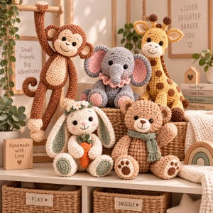 May include: A collection of five crocheted stuffed animals including a brown monkey, a gray elephant with pink ears, a yellow giraffe with brown spots, a white bunny holding an orange carrot, and a light brown teddy bear wearing a green scarf.