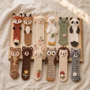 12 virkmönster med bokmärken av skogsdjur, söta amigurumi-bokmärken, present till bokälskare (PDF-nedladdning)