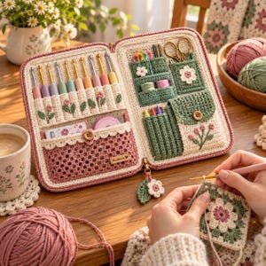 Könnte beinhalten: Eine Häkelnadel-Aufbewahrungstasche mit einem rosa-cremefarbenen Äußeren und Blumenstickereien. Das Innere enthält mehrere Fächer für Nadeln, grüne Taschen für Zubehör, eine goldene Schere und einen Reißverschlussanhänger mit Blumen- und Blattmotiv.