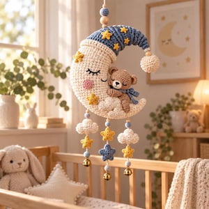 Könnte beinhalten: Ein Häkel-Mobile mit einem cremefarbenen Halbmond mit schlafendem Gesicht, einer blauen Schlafmütze und einem kleinen braunen Teddybären. Das Mobile enthält hängende Elemente aus weißen Wolken, gelben und blauen Sternen sowie kleinen goldenen Glöckchen.